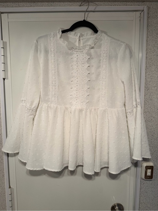 Tops - White Swiss Dot Peplum Lace-Trim Blouse